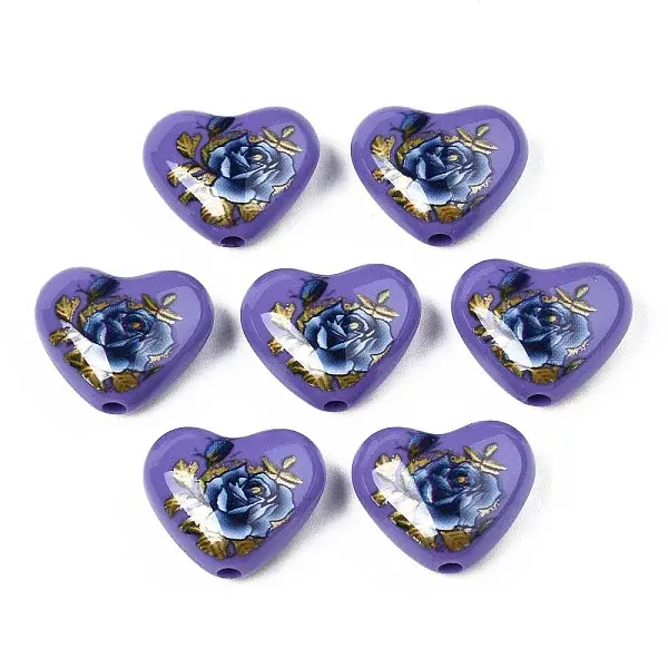 Flower Printed Opaque Acrylic Heart Beads