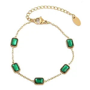 Ion Plating(IP) 304 Stainless Steel Pave Green Glass Rectangle Link Bracelets for Women