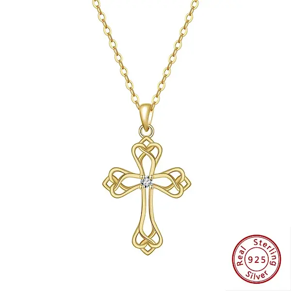 925 Sterling Silver Pave Clear Cubic Zirconia Knot Cross Pendant Necklaces for Women