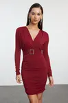 Trendyol Burgundy Burgundy Belt Detailed Knitted Short Elegant Evening Dress