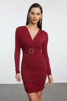 Trendyol Burgundy Burgundy Belt Detailed Knitted Short Elegant Evening Dress