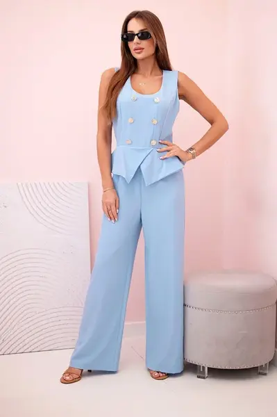 Kesi Włoski Dámska kombinéza bez rukávov so širokými nohavicami a ozdobnými gombíkmi modrý
