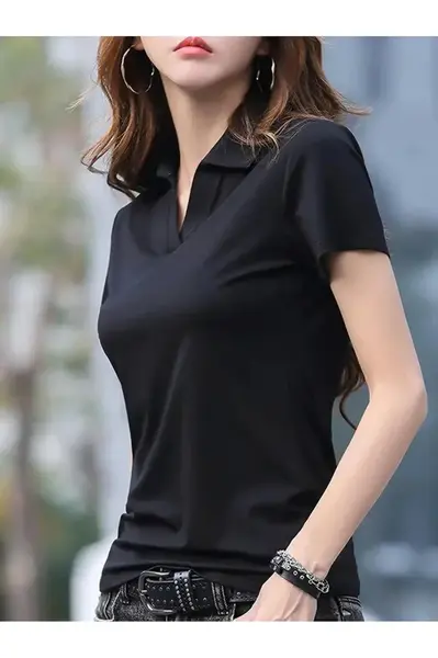 73369 Dewberry Womens Collar Detailed Lycra Flexible T-Shirt-BLACK