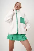 Trend Alaçatı Stili Women's Ecru Stand Collar Contrast Piping Zippered Pocket Plush Coat