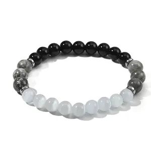 Natural Map Stone & Glass Round Bead Stretch Bracelets