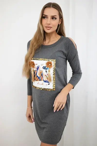 Šaty s 3D grafikou a ozdobným pom pom grafitem