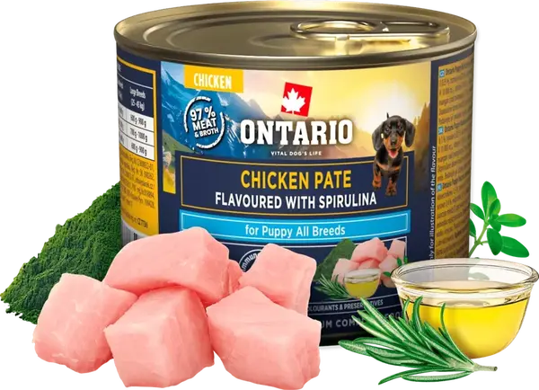 Konzerva Ontario Puppy kuřecí pate s příchutí spiruliny 200g