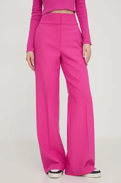 Kalhoty HUGO dámské, růžová barva, široké, high waist, 50508606