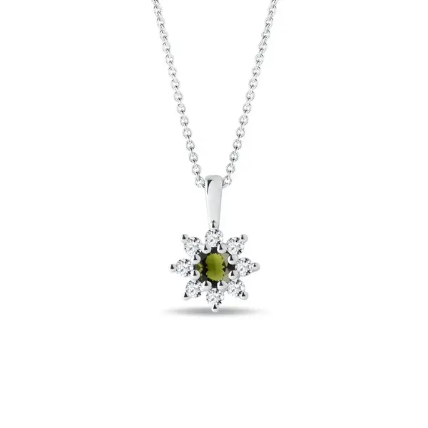Náhrdelník s kytičkou z vltavínu a diamantů v bílém zlatě KLENOTA