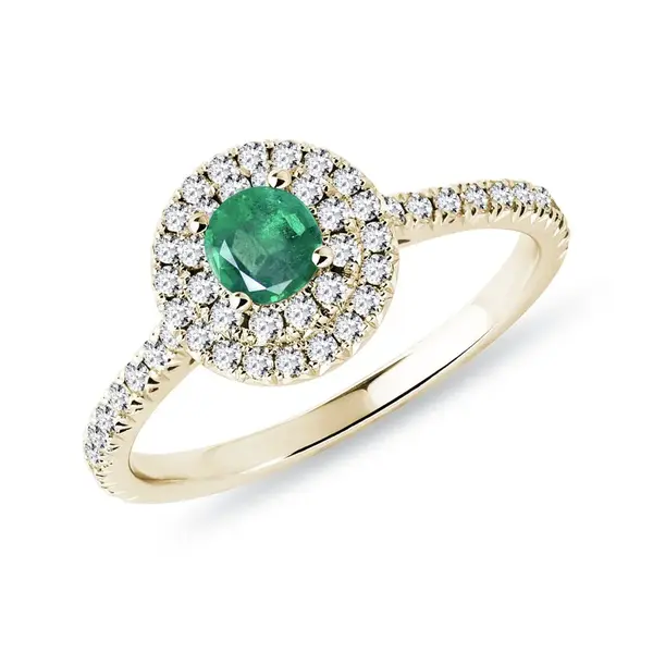 Diamantový halo prsteň zo žltého zlata so smaragdom KLENOTA