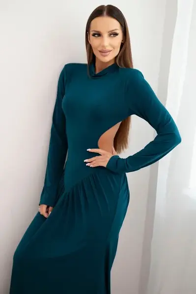 Kesi Włoski Dámská dlouhá šaty s viskózou a rolákem a odhalenými zády mořská