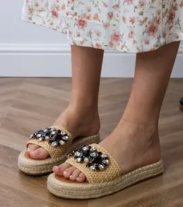 Gemre Beige espadrille slides with black crystals Luas