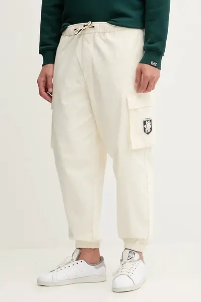 Manšestrové kalhoty EA7 Emporio Armani pánské, béžová barva, ve střihu cargo, AF16967.7X000145
