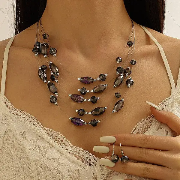 Retro Alloy Resin Dangle Earrings & Multi-Layered Necklaces Sets