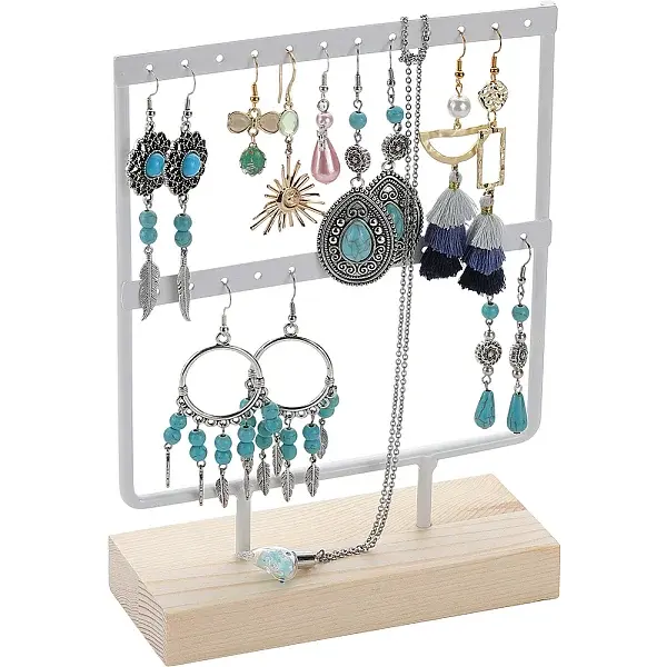 1 Set 2-Tier Rectangle Iron Jewelry Dangle Earring Organizer Holder with Wooden Base