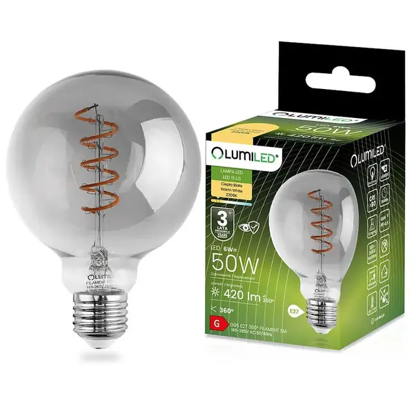 Žiarovka LED G95 filament 6W E27 2200K SMOKEY