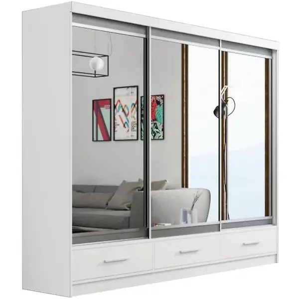 Šatní skříň Se Zrcadlem Margo 250cm Dub Bílý Mat/Šedá