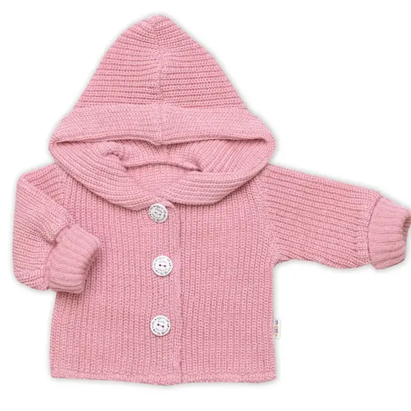 Baby Nellys Pletený svetřík s kapucí a knoflíčky Made with Love, růžový