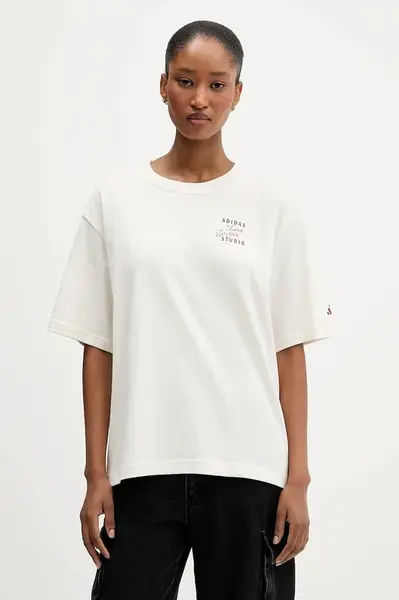 Bavlněné tričko adidas dámské, béžová barva, KT3275