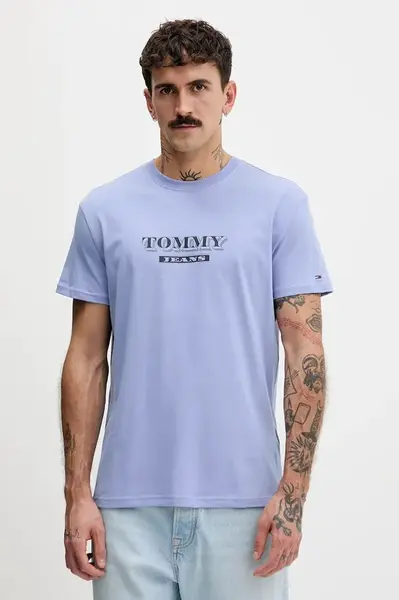 Bavlněné tričko Tommy Jeans pánské, modrá barva, s potiskem, DM0DM22322