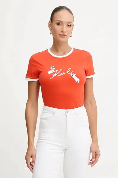 Bavlněné tričko Karl Lagerfeld IKON dámské, oranžová barva, B1W17040