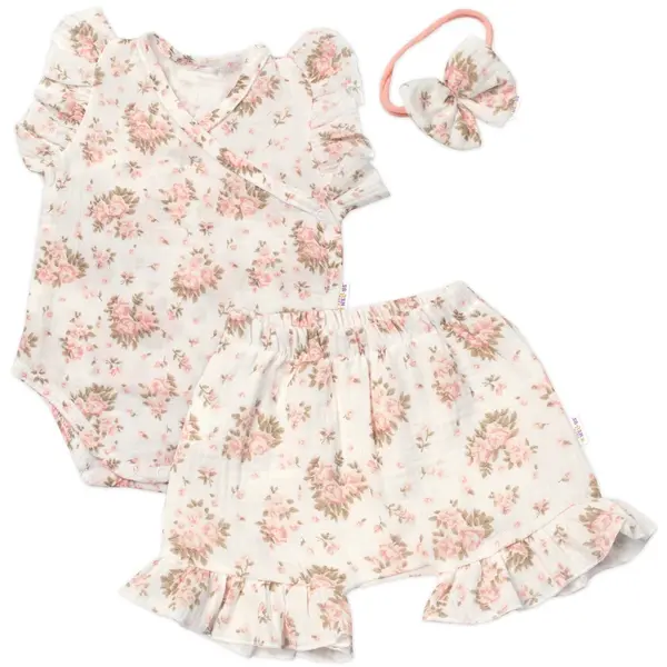 Baby Nellys Zavinovací body, kraťasky + čelenka, mušelín, Pivoňky vel.  74
