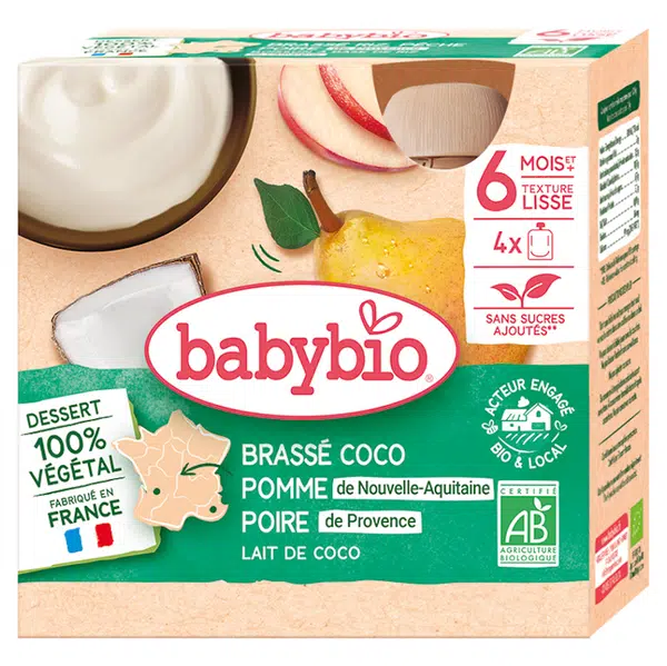 BABYBIO Kapsička svačinka s kokosovým mlékem jablko a hruška 4 x 85 g