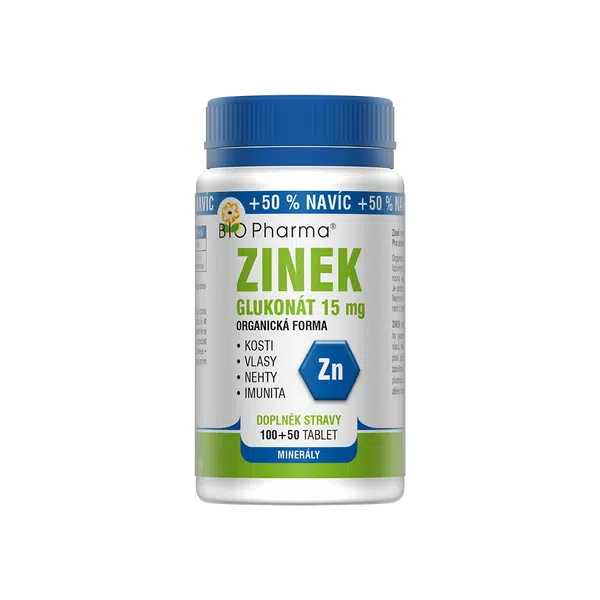 BIO PHARMA Zinek Glukonát 15 mg 100+50 tablet