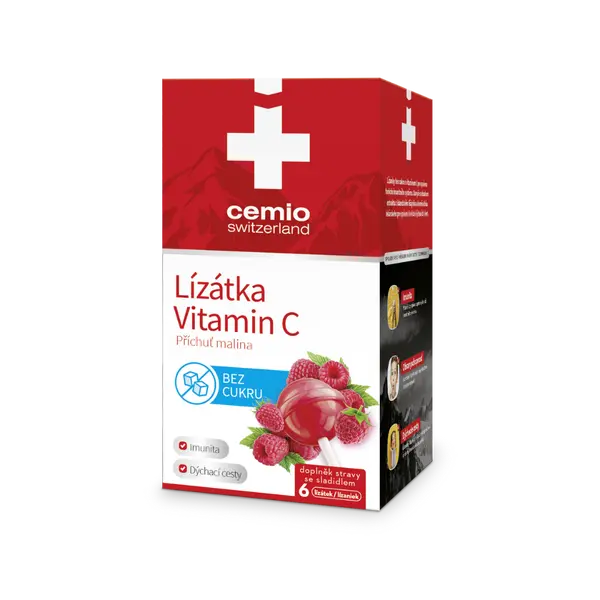 Cemio malinová lízátka s vitaminem C, 6 kusů, bez cukru
