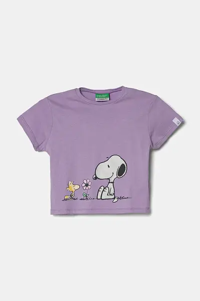 Dětské bavlněné tričko United Colors of Benetton fialová barva, s potiskem, 3X1SG10I9