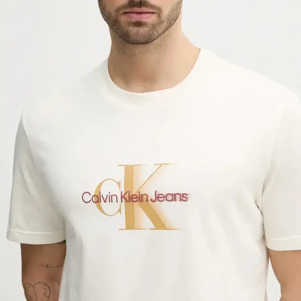 Bavlněné tričko Calvin Klein Jeans béžová barva, s potiskem, J30J327471