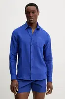 Lněná košile Vilebrequin CAROUBIS tmavomodrá barva, regular, s klasickým límcem, CRSH9U10