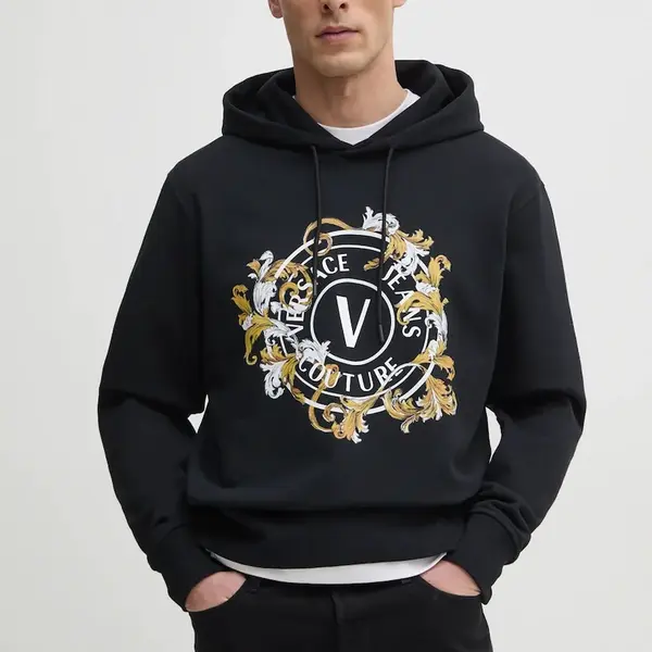 Bavlněná mikina Versace Jeans Couture pánská, černá barva, s kapucí, s potiskem, 78GAIC01 CF00C