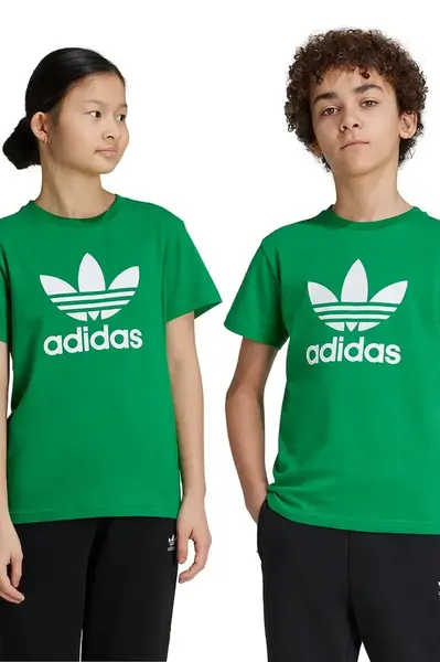 Dětské bavlněné tričko adidas Originals TREFOIL TEE zelená barva, s potiskem, IY4003