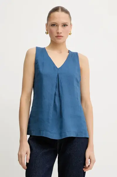 Lněná halenka United Colors of Benetton modrá barva, hladká, 5BMLDQ06W