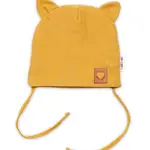 Baby Nellys Bavlněná dvouvrstvá čepice s oušky na zavazování FOX - hořčicová, vel. 80/86 vel.  80/86