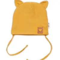 Baby Nellys Bavlněná dvouvrstvá čepice s oušky na zavazování FOX - hořčicová, vel. 80/86 vel.  80/86