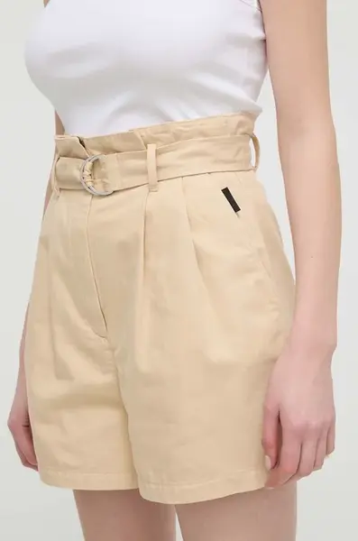 Kraťasy HUGO dámské, béžová barva, hladké, high waist, 50511914