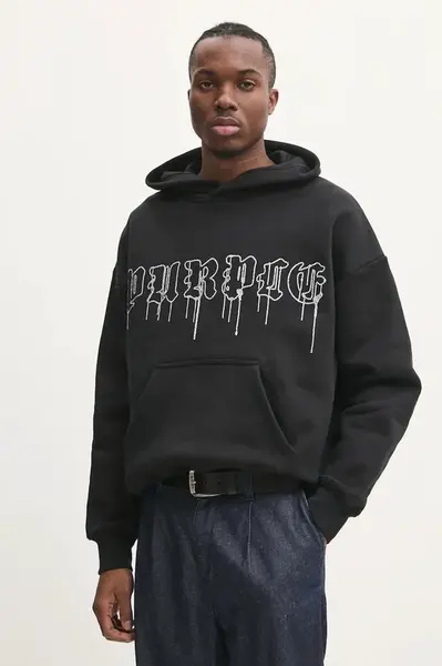 Bavlněná mikina PURPLE BRAND HWT FLEECE PO HOODY pánská, černá barva, s kapucí, s aplikací, P401-HBGD125