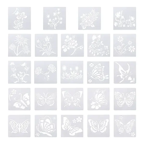 2Sets Square with Floral & Butterfly Pattern PET Drawing Stencil