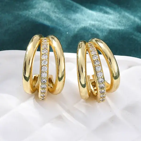Triple C-Shaped Brass Micro Pave Clear Cubic Zirconia Stud Earrings