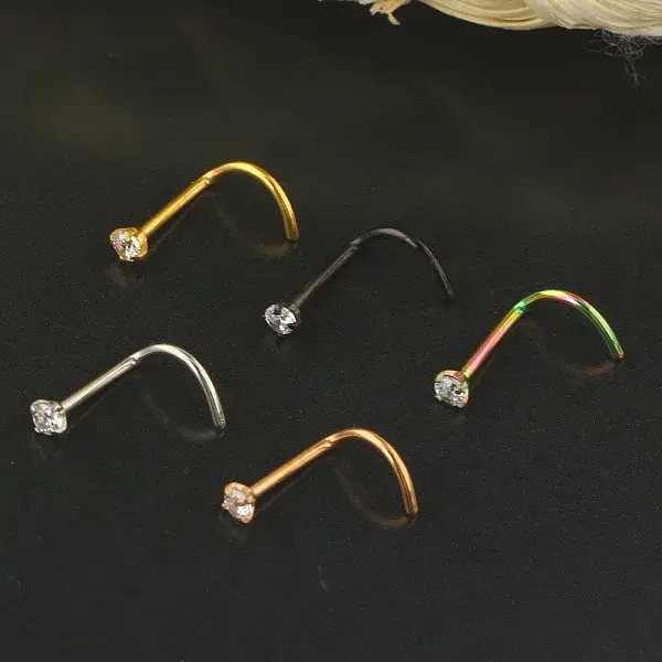 304 Stainless Steel Micro Pave Clear Cubic Zirconia Flat Round Fishtail Nose Rings