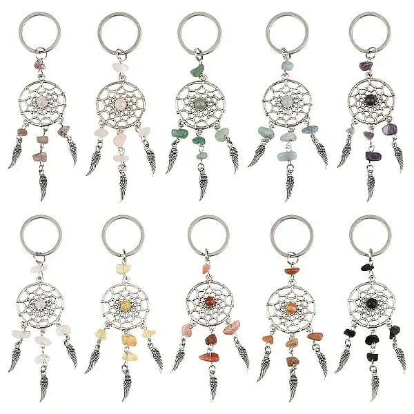 10Pcs Alloy Natural & Synthetic Mixed Stone Feather Keychains