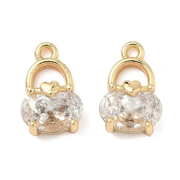 Brass Pave Cubic Zirconia Oval Bag with Heart Charms