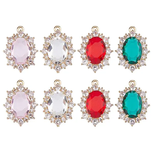 8Pcs 4 Colors Brass Micro Pave Cubic Zirconia Pendants