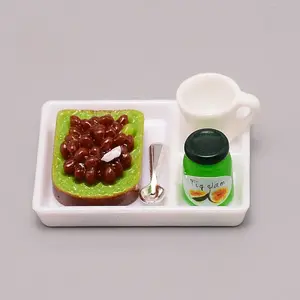 Resin Dollhouse Miniature Matcha Red Bean Toast Bread Jam Plate Cup Spoon Set
