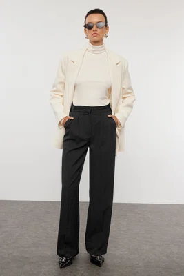 Trendyol Black Belt Detailed Wide Leg/Wide Leg Woven Fabric Trousers