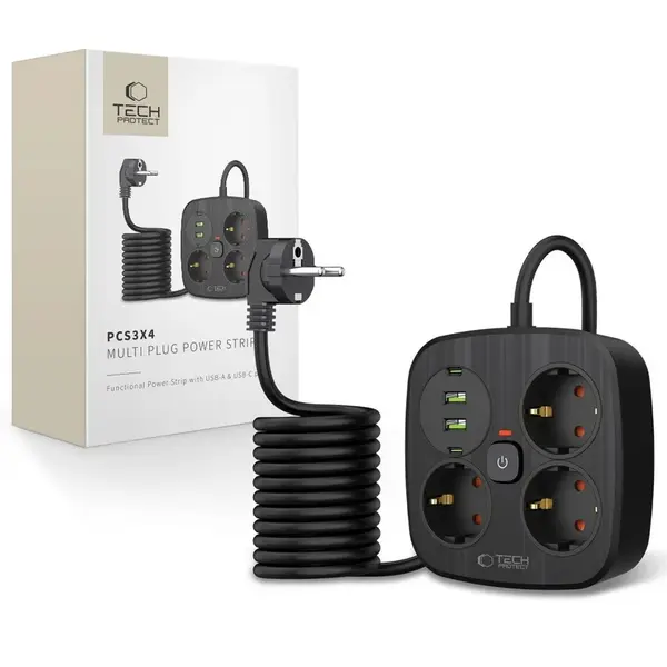 Tech-Protect PCS3X4 predlžovací kábel 2x USB / 2x USB-C / 3 zásuvky 2m, čierna