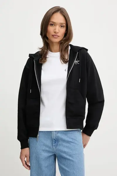 Mikina Calvin Klein Jeans dámská, černá barva, s kapucí, s potiskem, LV047B270G