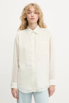 Košile Calvin Klein dámská, béžová barva, relaxed, s klasickým límcem, LV044B902G